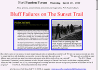 BEGINNING OF IMAGE DESCRIPTION.  THIS IMAGE IS A SCREEN-CAPTURE VIEW OF AN EARLIER FORT FUNSTON FORUM ISSUE.  ITS HEADLINE READS, "BLUFF FAILURES ON THE SUNSET TRAIL." THE IMAGE AND TEXT FOLLOWING IT ARE LINKS TO THAT ISSUE. END OF IMAGE DESCRIPTION.