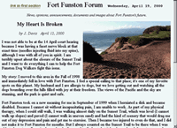 BEGINNING OF IMAGE DESCRIPTION.  THIS IMAGE IS A SCREEN-CAPTURE VIEW OF AN EARLIER FORT FUNSTON FORUM ISSUE.  ITS HEADLINE READS, "MY HEART IS BROKEN." THE IMAGE AND TEXT FOLLOWING IT ARE LINKS TO THAT ISSUE. END OF IMAGE DESCRIPTION.
